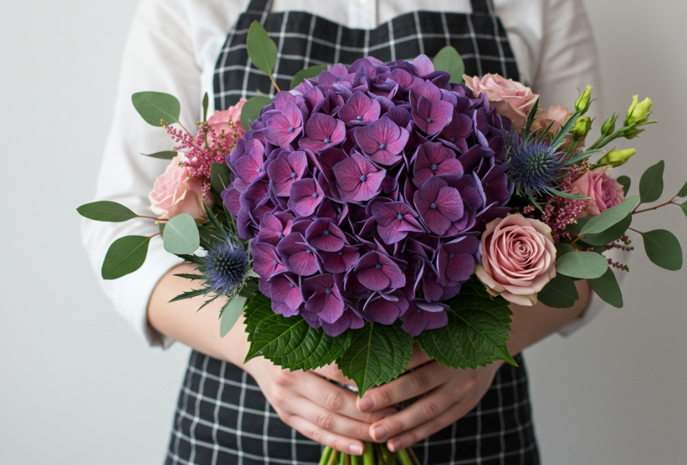 Florist Holding a Mixed Bouquet with Hydrangeas Florist Holding a Mixed Bouquet with Hydrangeas