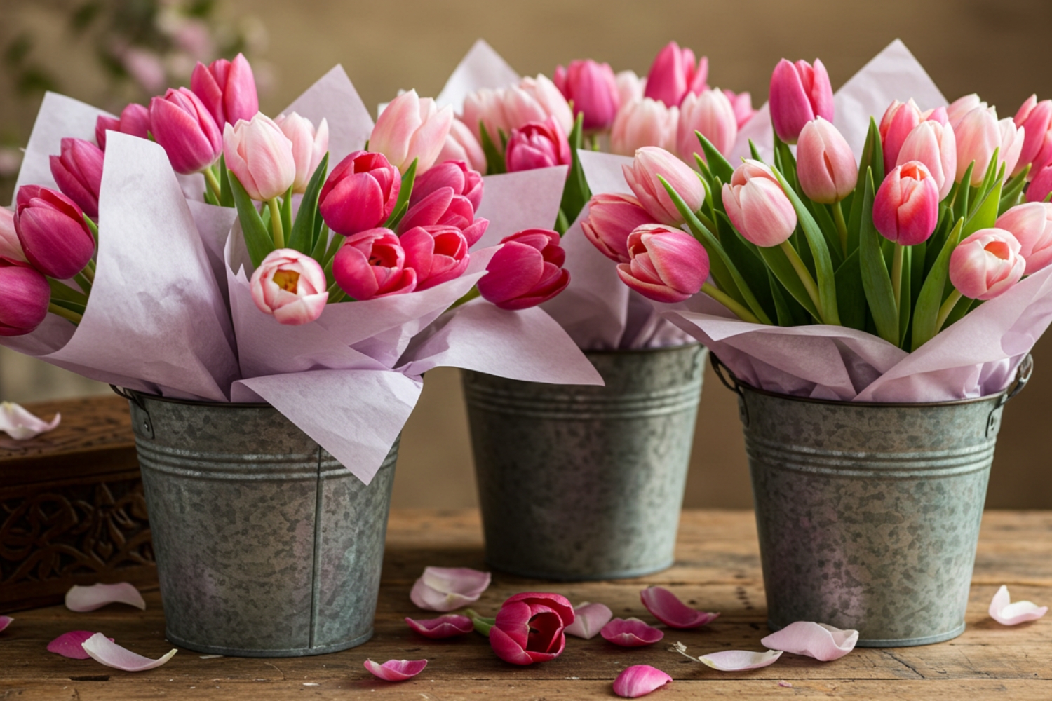 Tulips in Rustic Buckets Tulips in Rustic Buckets