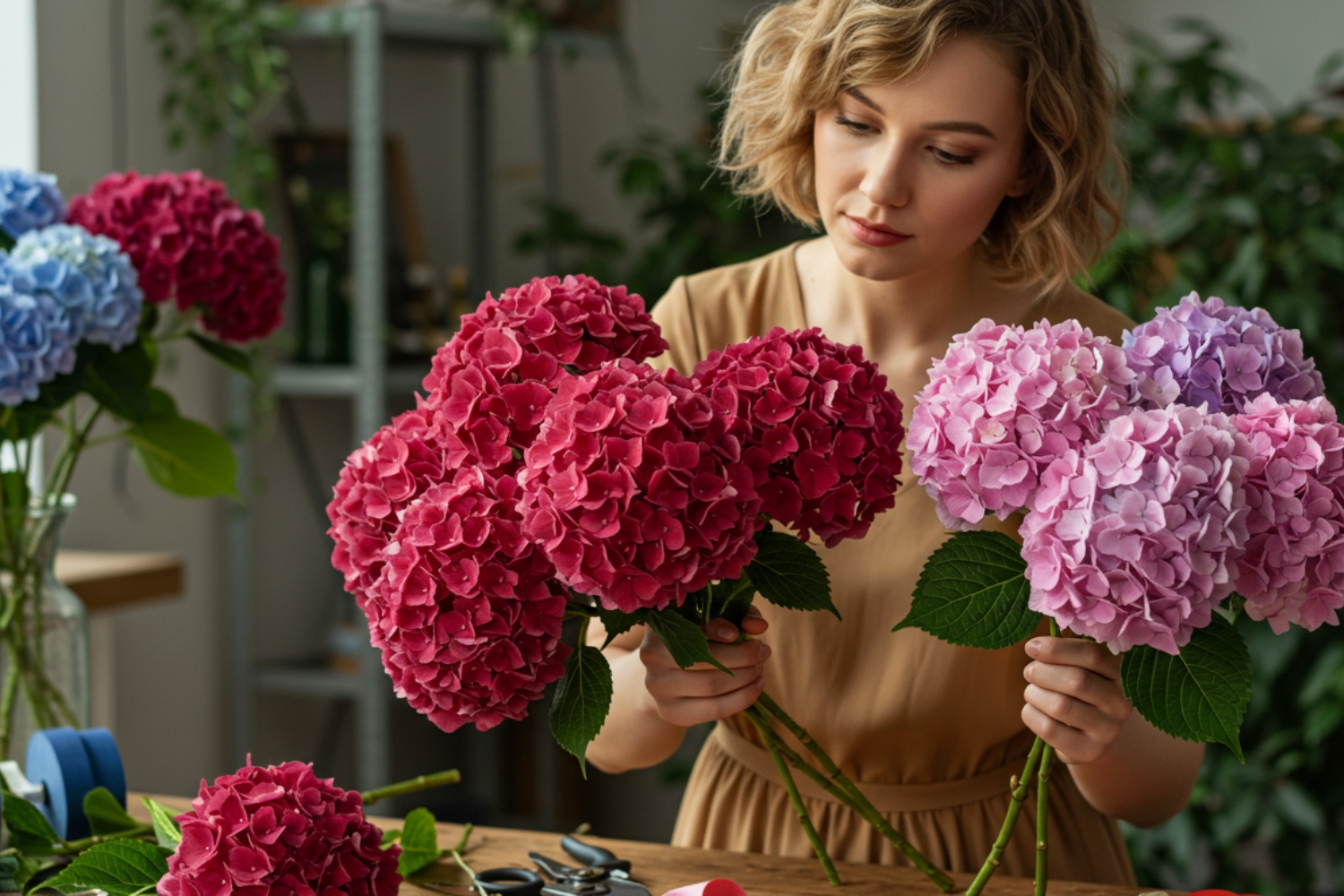 Woman Arranging Hydrangeas at a Floral Workspace Woman Arranging Hydrangeas at a Floral Workspace
