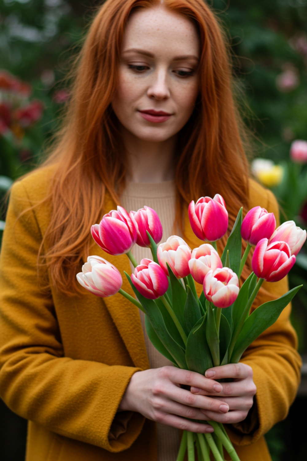 Woman Arranging Tulip Bouquet Woman Arranging Tulip Bouquet