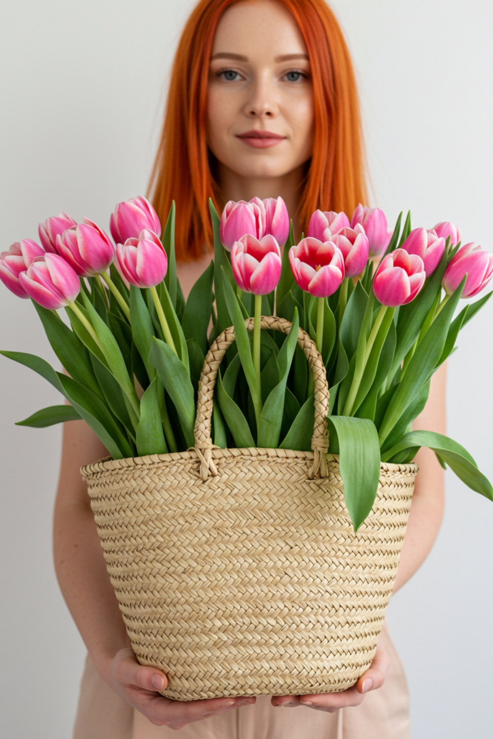 Woman Holding a Basket of Tulips Woman Holding a Basket of Tulips